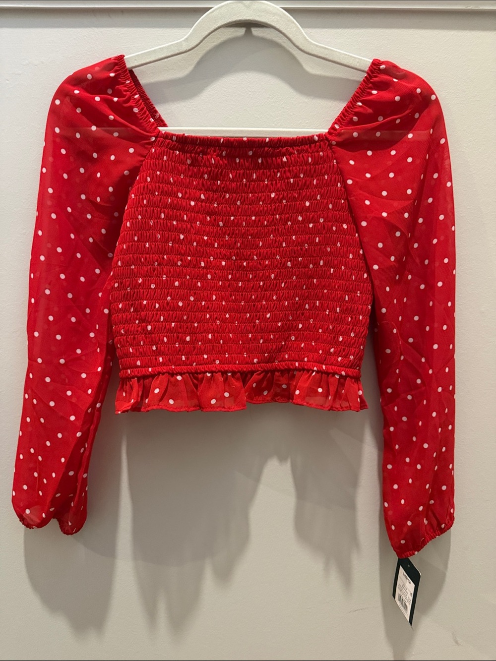 NWT Girls art class Red Polka Dot Smocked Ruched Long-Sleeve Crop Top Sz 10-12